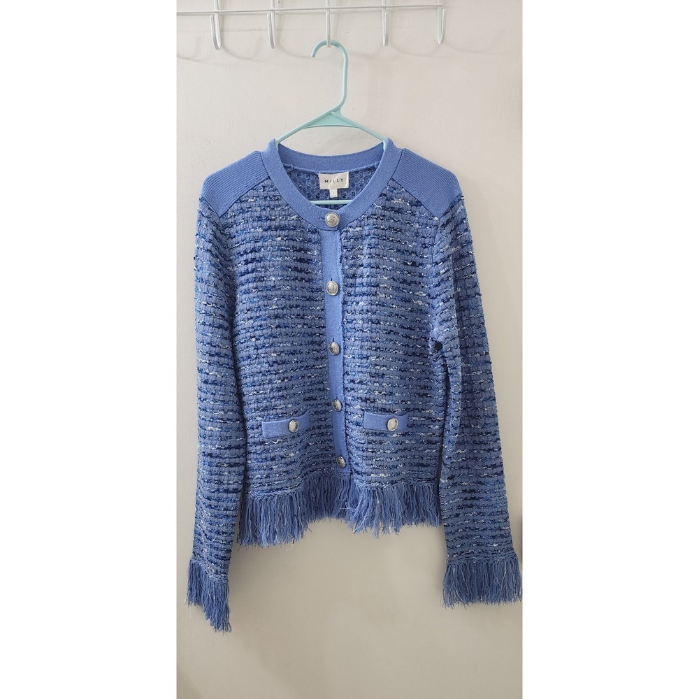 Milly Textured Fringe Cardigan Jacket Blue Tweed Knit Gold Crest Button Large